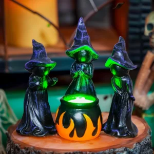 4 PCS Halloween Miniature Witches Cauldron Figurine Table Decoration, Resin Scary Witches Lighted up Cauldron, Halloween Fest