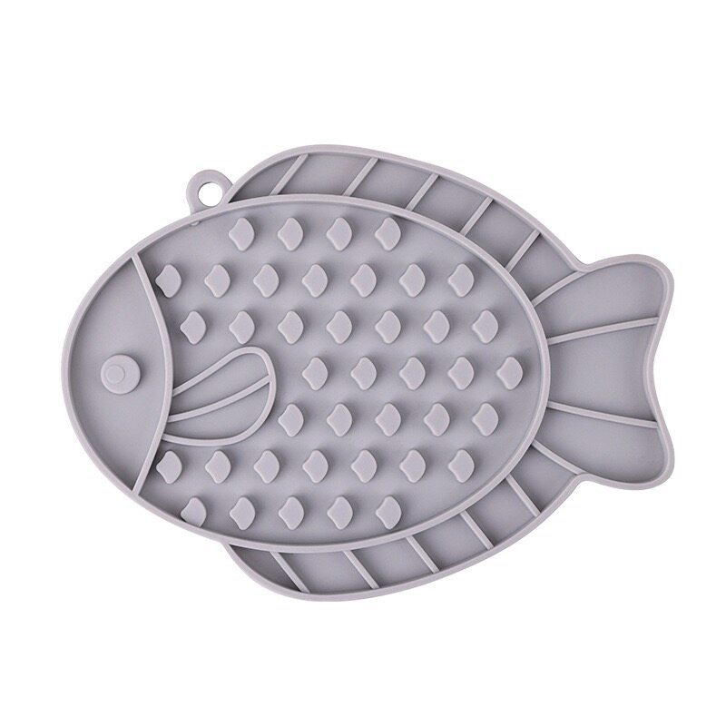 Silicone suction-cup slow feeding mat for pets in fish and mushroom shapes - Fish-Gray