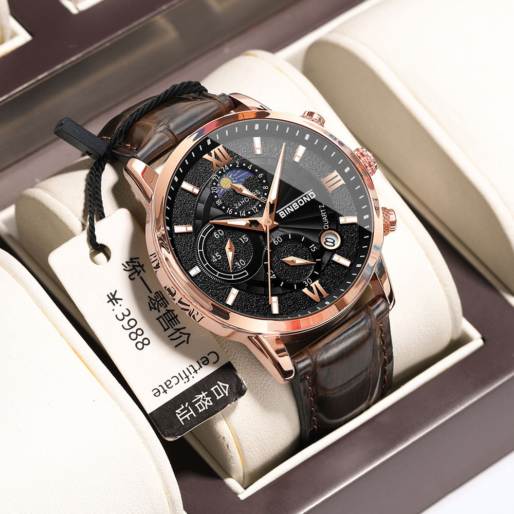 Multifunctional chronograph quartz watch with brown or black band and rose gold details - Main product view