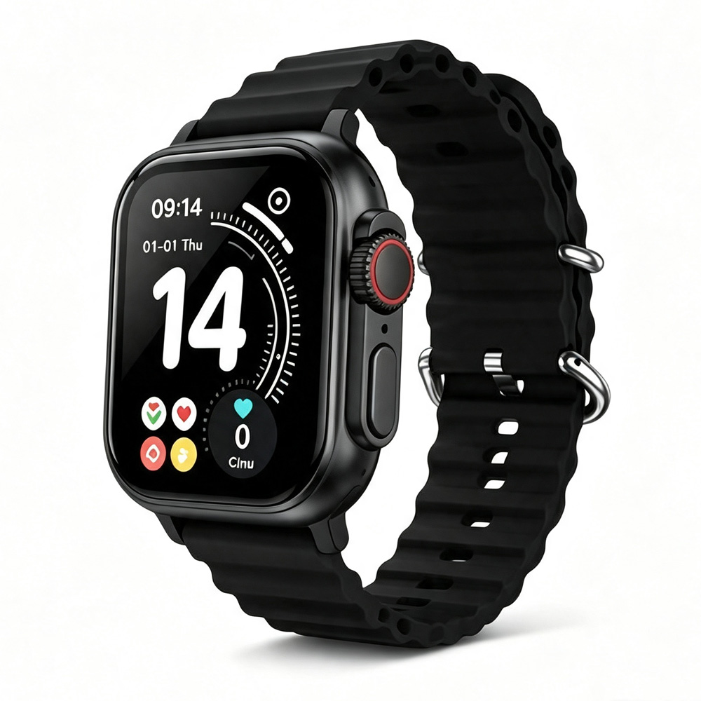 Smartwatch gift set with wireless earbuds, seven interchangeable bands, charger and protective case - Black
