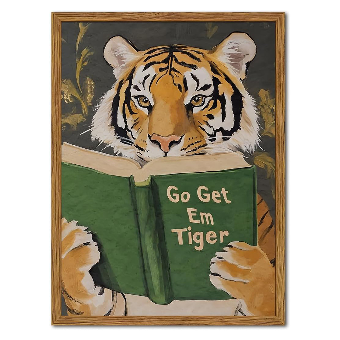 Cartoon tiger reading a book and enjoying pizza on framed canvas wall art - Main product view