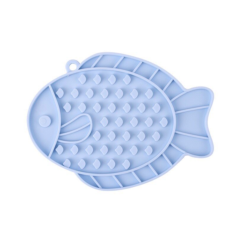 Silicone suction-cup slow feeding mat for pets in fish and mushroom shapes - Fish-Blue