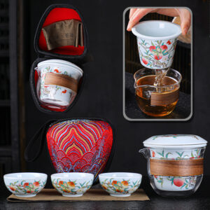 Ceramic travel tea set in Mutton Fat Jade color with one pot and three cups - Main product view