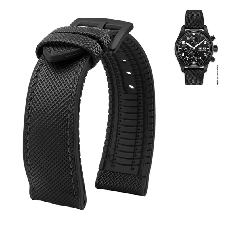 Nylon rubber watch strap with colored thread and buckle options - All Black-20mm-Black