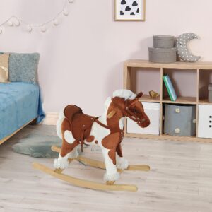 Brown and white plush toddler rocking horse with saddle, bridle, and stirrups - Main product view