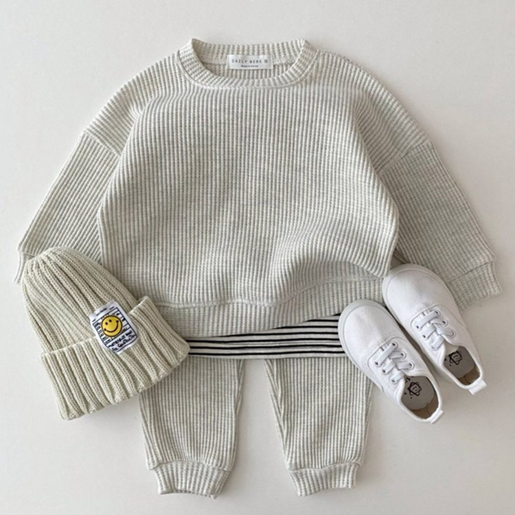 Cotton baby and kids two-piece trouser set with long-sleeve pullover top - Grey suit-80cm