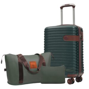 Green 3-piece carry-on luggage set with ABS spinner suitcase, weekender bag, and toiletry bag - Main product view