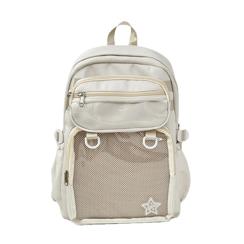 Women’s nylon backpack with solid-color patchwork design and curved shoulder straps - white-single pack